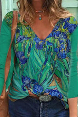 Irises Print V-neck Long Sleeves Sweatshirt