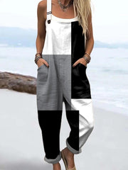 Women's Abstract Geometric Pattern Art Print Casual Cotton Wide Leg Jumpsuit