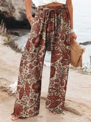 Women's Floral Art Printed Cotton And Linen Casual Pants