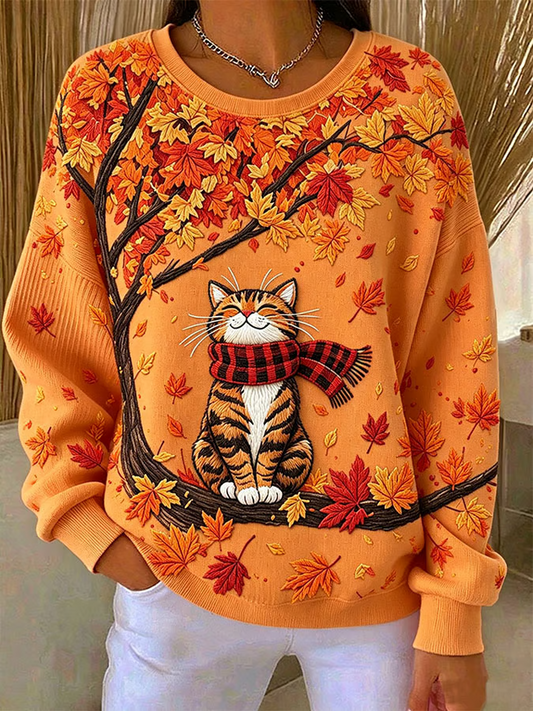 Casual Cat Crew Neck Long Sleeve Sweatshirt