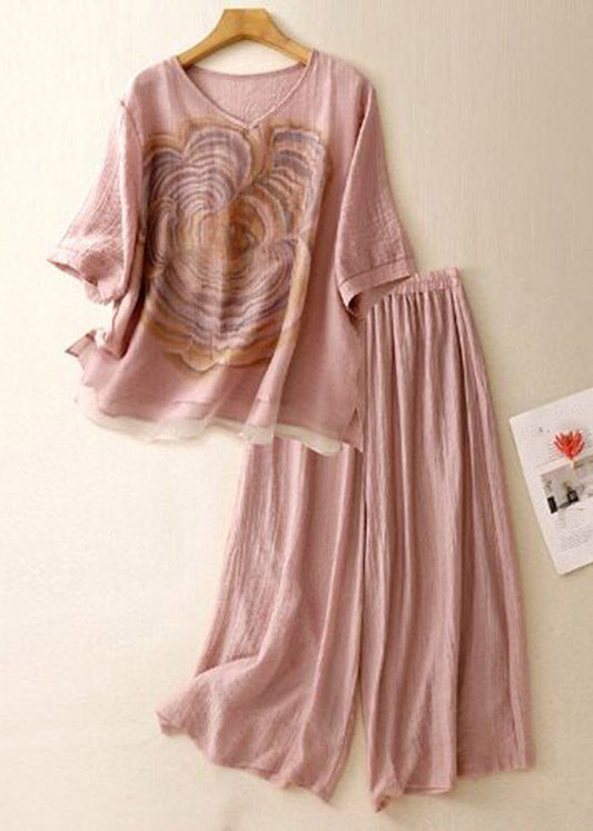 Boutique Pink V Neck Print Top And Wide Leg Pants Two Pieces Set Summer