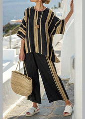 Casual Black Striped T Shirts And Crop Pants Two Pieces Set Summer