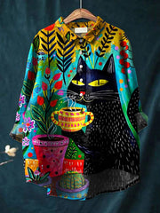 Women's Coffee Cat Print Casual Cotton And Linen Shirt