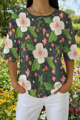 Womens Dark Green Large Floral Print Casual Waffle Cotton Shirt