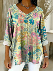 Women's Retro Gradient Flowers Floral Art Patterns Casual Washed Denim Top