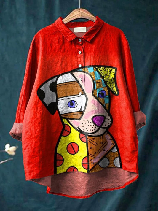 Pop Art Style Puppy Dog Graphic Printed Women's Casual Cotton And Linen Shirt