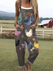 Women's Vintage Flower Chick Art Print Casual Wide Leg Jumpsuit