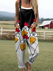 Women's Funny Chicken Art Print Casual Cotton Wide Leg Jumpsuit