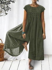 Women's Solid Color Art Casual Short Sleeve Cotton Linen Jumpsuit