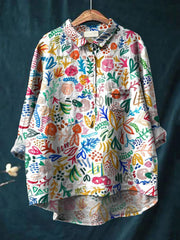 Women's Watercolor Leaves Flower Art Print Casual Cotton And Linen Shirt