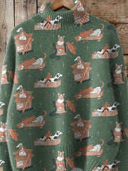 Puppy Dog Christmas Celebration Pattern Printed Knit Turtleneck Pullover Sweater