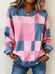 Women Plaid Crew Neck Long Sleeve Vintage Daily Fall Sweatshirt