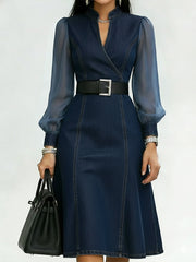 Organza Lantern Sleeve Denim Dress - Modern Patchwork Midi