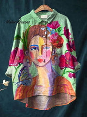 Oil Painting Women's Portrait Art Printed Women's Casual Cotton And Linen Shirt
