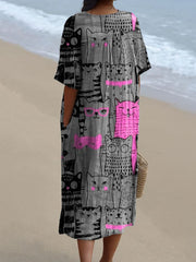 Women's Vintage Lovely Cats Art Print Flowy Dress