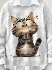 Cute Cat Art Print Knit Pullover Sweater