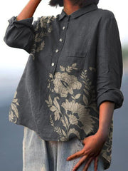 Asymmetric Floral and Leaf Combination Decorative Pattern Casual Cotton And Linen Shirt