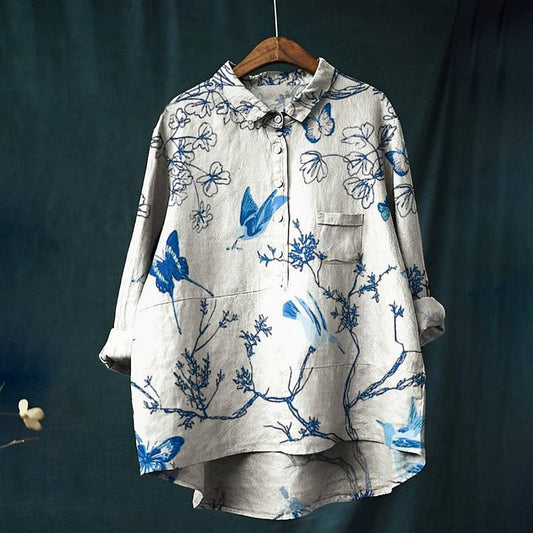Women's Flowers And Birds Print Casual Linen Shirt