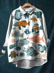 Watercolor Sea Life Decorative Pattern Casual Cotton And Linen Shirt