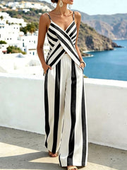 Women's Striped Print V-neck Sleeveless Loose-fit Cotton-linen Camisole Top & High-waisted Loose-fit Wide-leg Pants Set