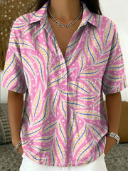 Women's Vintage Botanical Floral Casual Polo Collar Short-sleeved Linen And Cotton Shirt