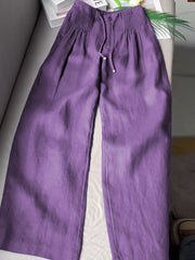 Women's Solid Color Pleated Drawstring Casual100% Cotton and Linen Wide Leg Pants