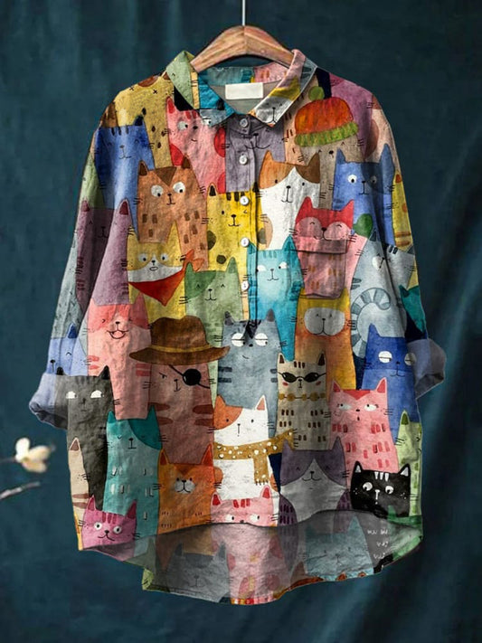 Watercolor Cute Cats Repeat Pattern Printed Women's Casual Cotton And Linen Shirt