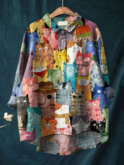 Watercolor Cute Cats Repeat Pattern Printed Women's Casual Cotton And Linen Shirt