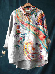 Women's Vintage Paisley Mandala Art Print Casual Cotton And Linen Shirt