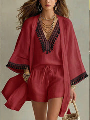 Casual Bohemian Linen And Cotton Cardigan, Sleeveless Top, And Shorts Three-piece Set