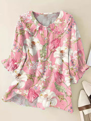 Women Vintage Flowers Art Print Loose Top Peter Pan Collar Half Sleeve Blouses