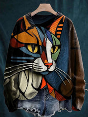 Cat Abstract Art Print Knit V-neck Pullover Sweater