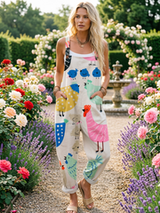 Women's Vintage Funny Chicken Art Print Casual Cotton Wide Leg Jumpsuit