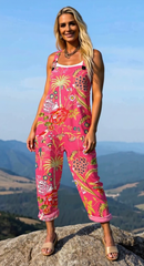 Women's Vintage Flowers Art Print Casual Cotton Linen Wide Leg Jumpsuit