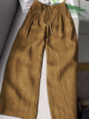 Women's Solid Color Pleated Drawstring Casual100% Cotton and Linen Wide Leg Pants