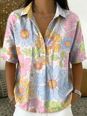 Women's Vintage Botanical Floral Casual Polo Collar Short-sleeved Linen And Cotton Shirt