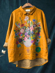 Oil Painting Floral In Vase Art Printed Women's Casual Cotton And Linen Shirt