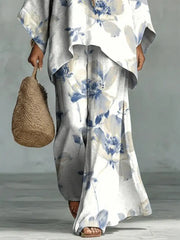 Women's Vintage Floral Art Comfortable Loose Cotton Linen Wide-leg Pants Two-piece Set
