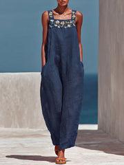 Women's Square-neck Sleeveless Loose-fit Cotton-linen Wide-leg Jumpsuit