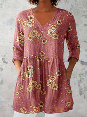 Women's Elegant Floral Print Pattern V neck Top