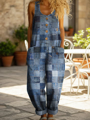 Women's Vintage Patchwork Denim Print Casual Denim Jumpsuit