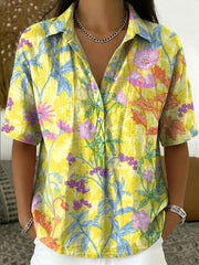 Women's Vintage Botanical Floral Casual Polo Collar Short-sleeved Linen And Cotton Shirt