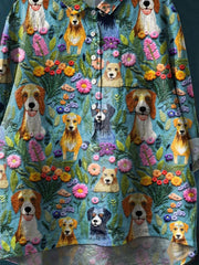 Women's Lovely Dogs Floral Art Print Casual Cotton And Linen Shirt