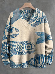 Men's V-neck Women's Blue Minimalist Line Fish Print Long Sleeve Sweater