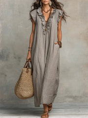 Ruffled Art Print Cotton-Linen Dress - Minimalist Sculptural Maxi