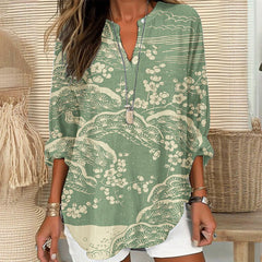 Dashingsoul Women's Japanese Art Plum Blossom Printed V Neck Long Sleeve Blouse