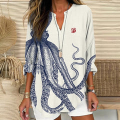 Dashingsoul Japanese Art Octopus And Crab Print V Neck Long Sleeve Blouse