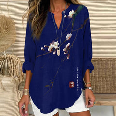 Dashingsoul Vintage Plum Blossom Art Print V Neck Long Sleeve Blouse