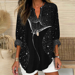 Dashingsoul Starry Spotted Eagle Rays Print V Neck Long Sleeve Blouse