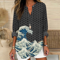 Dashingsoul The Great Wave Off Kanagawa Inspired Japanese Art Print V Neck Long Sleeve Blouse